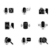 Voice control system glyph icons set. Sound requests idea. Music recognition, sound record. Virtual asisstance, standart voice commands. Silhouette symbols. Vector isolated illustration