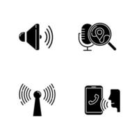 Voice control apps glyph icons set. Mobile voice commands. Sound recorder, smart devices, search request. Innovative wireless technology. Silhouette symbols. Vector isolated illustration