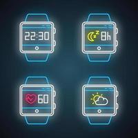 Fitness tracker functions neon light icons set. Wristband smartwatch capabilities. Tracking heart rate, sleep monitoring, clock, weather forecast. Glowing signs. Vector isolated illustrations