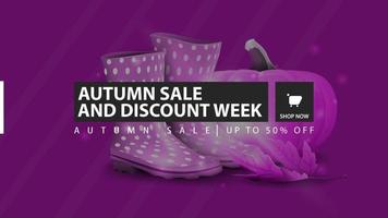 Autumn sale and discount week, purple horizontal discount banner with rubber boots and pumpkin on the background vector