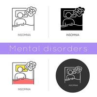 Insomnia icon. Sleep deprivation. Person awake. Sleeplessnes. Exhaustion, fatigue. Depression, worry. Mental disorder. Flat design, linear and color styles. Isolated vector illustrations