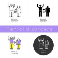 Bipolar disorder icon. Manic, depressive episodes. Split personality. Problematic attitude. Emotional swing. Mental health issues. Flat design, linear and color styles. Isolated vector illustrations