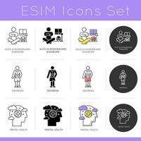 Mental disorder icons set. Alice in wonderland syndrome. Anorexia nervosa. Mental heatlh. Psychological support. Flat design, linear, black and color styles. Isolated vector illustrations