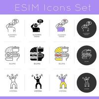 Mental disorder icons set. Alzheimeir's disease. Bulimia and binge eating. Hysteria. Psychology and psychiatry. Flat design, linear, black and color styles. Isolated vector illustrations