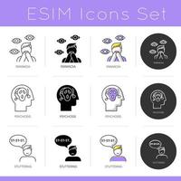 Mental disorder icons set. Paranoia and phobia. Psychosis and schizophrenia. Stuttering. Speech problem. Psychiatry. Flat design, linear, black and color styles. Isolated vector illustrations