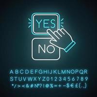 Choose option neon light icon. Yes and no buttons. Hand clicking option. Approve and disapprove. Picking answer. Confirm. Glowing sign with alphabet, numbers and symbols. Vector isolated illustration