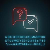 Question and answer neon light icon. FAQ sign. Speech bubble. Ask, answer. Chat, dialogue. Online interview. Discussion. Glowing sign with alphabet, numbers and symbols. Vector isolated illustration