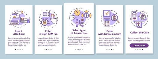 ATM instruction onboarding mobile app page screen with linear concepts. Select type of transaction. Five walkthrough steps graphic instructions. UX, UI, GUI vector template with illustrations