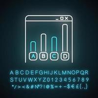 Online survey neon light icon. Statistics analysis. Web chart. Internet graph. Info collection. Digital questionnaire. Glowing sign with alphabet, numbers and symbols. Vector isolated illustration