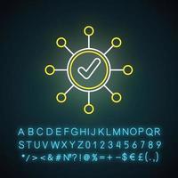 Survey mark neon light icon. Correct answer. Right checkmark. Approve mark, agree tick. Molecular structure system. Glowing sign with alphabet, numbers and symbols. Vector isolated illustration