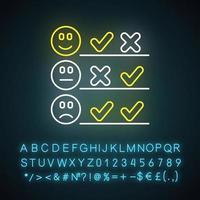 Checklist neon light icon. Choosing option. Good, bad experience. Voting. Check list. Satisfaction level. Glowing sign with alphabet, numbers and symbols. Vector isolated illustration