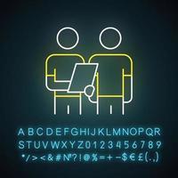 Oral survey neon light icon. Two people Interviewing. Question and answer. Teamwork and communication. Dialogue and talk. Glowing sign with alphabet, numbers and symbols. Vector isolated illustration