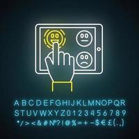 Online survey neon light icon. Feedback. Choosing option. Hand picking emoticon on tablet display. Customer satisfaction. Glowing sign with alphabet, numbers and symbols. Vector isolated illustration