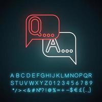 Survey neon light icon. Questions and answers. FAQ sign. Speech bubbles. Dialogue, message. Online chat. Conversation. Glowing sign with alphabet, numbers and symbols. Vector isolated illustration