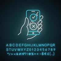 Online survey neon light icon. Checklist buttons on smartphone screen. Agree and disagree option. Share opinion. Glowing sign with alphabet, numbers and symbols. Vector isolated illustration