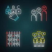 Survey neon light icons set. Choosing correct option. Customer satisfaction level. Emoticons. Select number. Checklist. Mass poll. Public opinion. Vote. Glowing signs. Vector isolated illustrations
