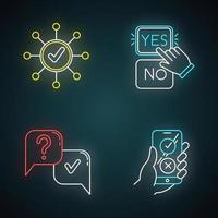 Survey neon light icons set. Correct answer, approve option. Spread structure. Yes and no button click. Question and answer. FAQ sign. Online feedback. Glowing signs. Vector isolated illustrations