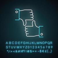 Like and dislike neon light icon. Feedback option. Info evaluation. Hand up and down sign. Negative, positive experience. Glowing sign with alphabet, numbers and symbols. Vector isolated illustration