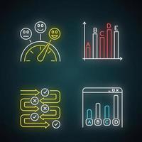 Survey neon light icons set. Satisfaction level. Evaluation scale. Assessment meter. Statistics analysis. Questioning process. Online data collection. Glowing signs. Vector isolated illustrations