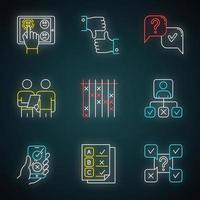 Survey neon light icons set. Satisfaction level. Online feedback. Like and dislike. Question and answer. Interview. Personal profile. Test checklist. Glowing signs. Vector isolated illustrations