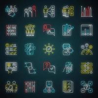 Survey neon light icons set. Question and answer. Social poll. Group survey. Interview. Positive and negative feedback. Choose option. Statistics. Glowing signs. Vector isolated illustrations