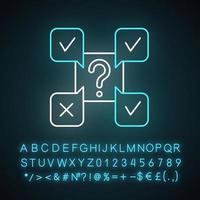 Online survey neon light icon. Questions and answers sign. Correct, wrong. Chat, communication. Opinion poll. Share info. Glowing sign with alphabet, numbers and symbols. Vector isolated illustration