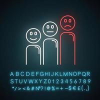 Satisfaction level neon light icon. Customer experience. Negative, positive emoticons. Reaction assessment. Opinion rate. Glowing sign with alphabet, numbers and symbols. Vector isolated illustration