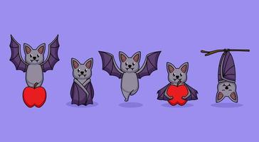 Set of cute baby bats in purple background vector