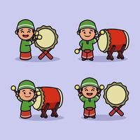 Set of cute Muslim kid playing bedug drum vector