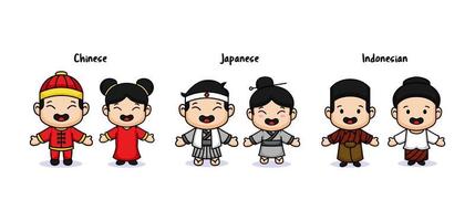 Set of cute kids with traditional asian costume vector