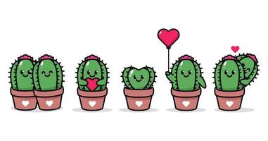 Set of cute cactus in Valentine's Day theme vector