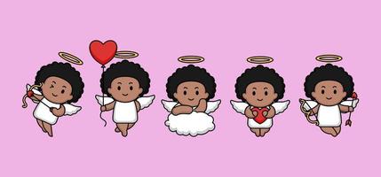 Set of cute afro cupid in Valentine's Day vector