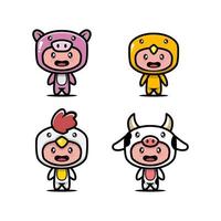 Set of cute kids with animal costume design icon illustration vector