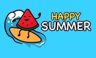 Mascota de sandía fresca en plantilla de banner de vacaciones de verano vector