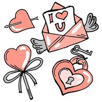 conjunto de garabatos para el día de san valentín, candado con llave, convención de cartas de amor, corazón de caramelo vector