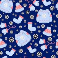 Patrón sin costuras de invierno, suéter dibujado, gorro, guantes y botas sobre un fondo azul con copos de nieve, para textiles de papel, papel tapiz
