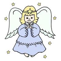 ilustración navideña, dibujado a mano linda niña ángel rezando, tarjeta para la familia, niños vector