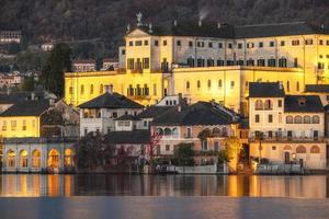 Detail of the palaces over the Orta San Giulio island, in the same name lake, Piedmont, Northern Italy. Small lake of alpine origin, is UNESCO Site and home of a cloistered nuns convent.