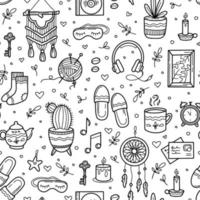 Cozy and sweet home vector seamless pattern with doodle hand drawing icons of plants, candles and cute objects.