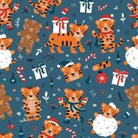 Christmas and New Year tigers vector seamless pattern with cute cartoon animals in Santa Claus costumes, gifts and toys on a blue background. Winter symbol of 2022 for wrapping paper or fabric.