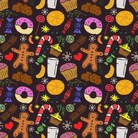 patrón de colores sin fisuras con dulces navideños. Doodle patrón de comida perfecta de Navidad sobre fondo gris vector