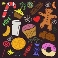 iconos de dulces navideños. Doodle ilustración de vector de comida de Navidad. iconos de Navidad sobre fondo gris