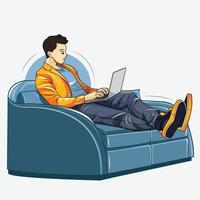 Young man working with laptop while sitting on sofa vector illustration free download