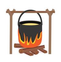 Black camping pot on a bonfire cooking vector