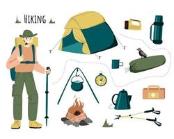 A person and a set of items for a hike vector