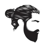 cara de hombre con peinado vintage, barba y moño socavado ilustración de arte de línea vectorial. vector
