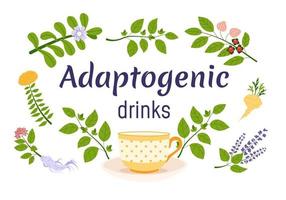 Adaptogen drinks concept. Set of ayurvedic herbs and cup. Flat vector illustration.