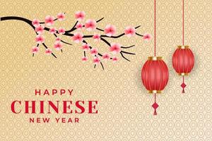 happy chinese new year background with sakura flower and lanterns. chinese new year vector design