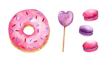 Watercolor set with pink and purple donut with sprinkles, heart shaped lollipop and macaroons. Hand-drawn illustration. Perfect for your project, cards, prints, covers, menu, patterns, decoration.
