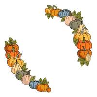 Round frame of two arcs of pumpkins of different colors and sizes and green oblong leaves, decorative semi-wreath for the autumn holidays vector